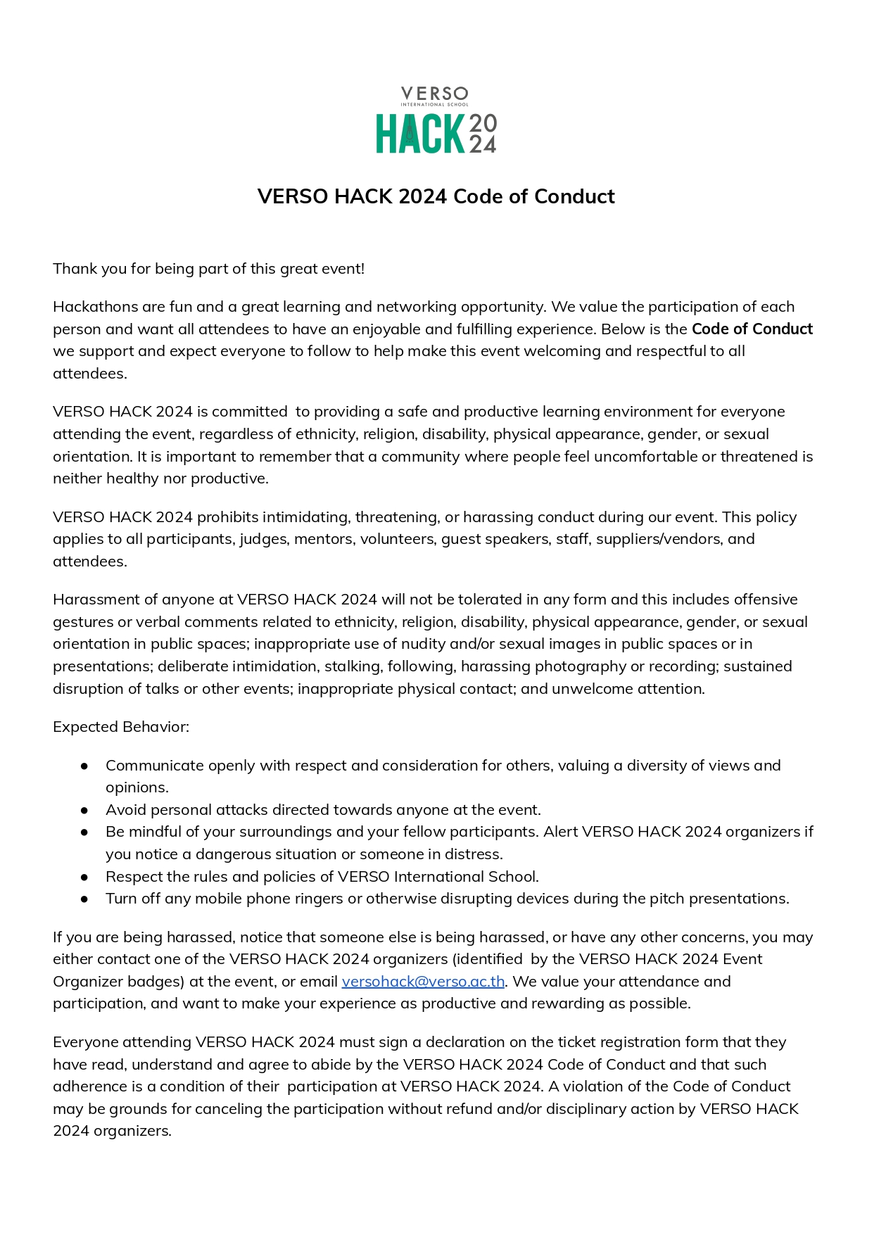 VERSO HACK 2024 Code of Conduct