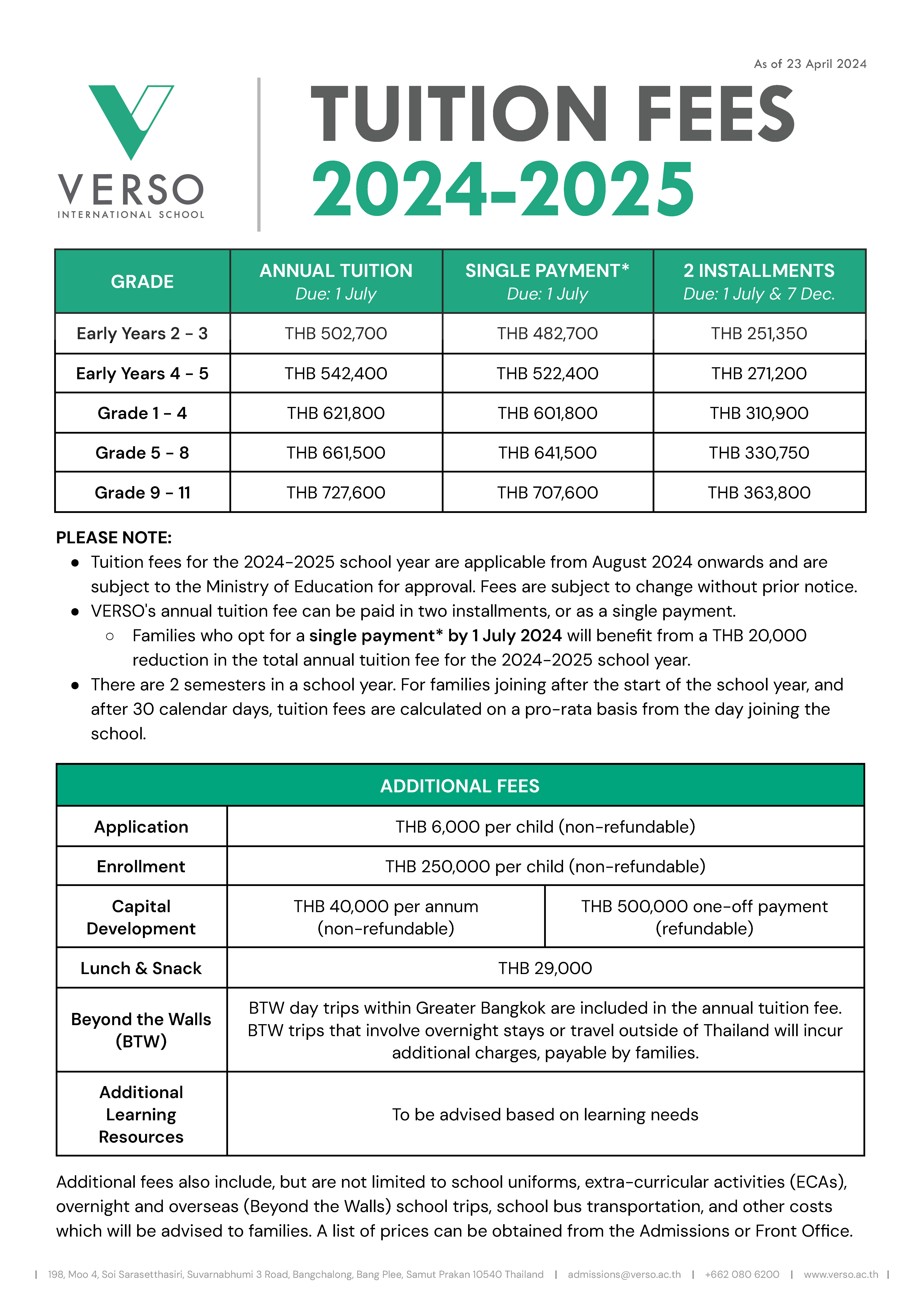 VERSO TUITION FEES 2024-2025